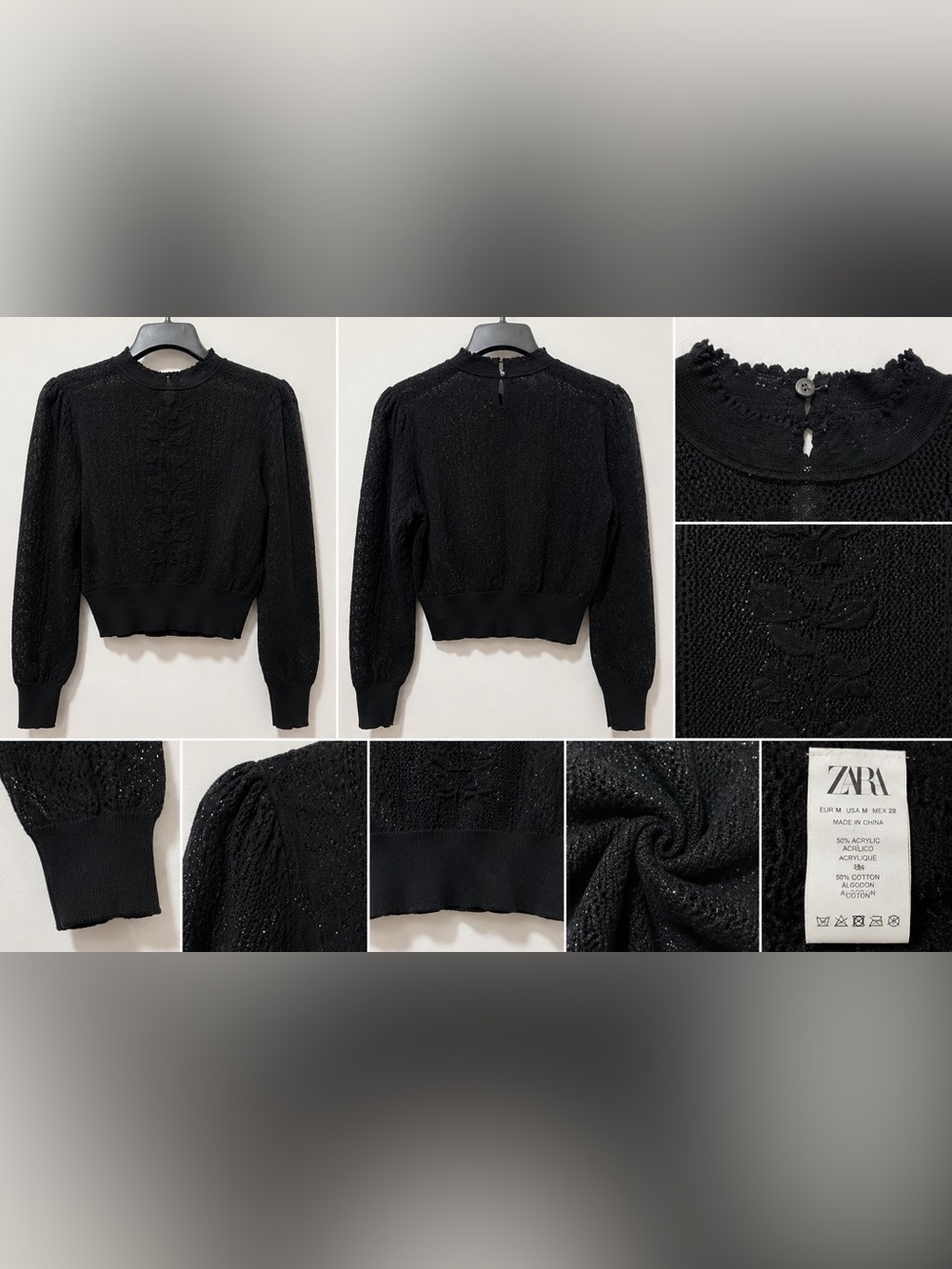 Zara Black Pointelle Knit Crop Sweater - Picture 3 of 5